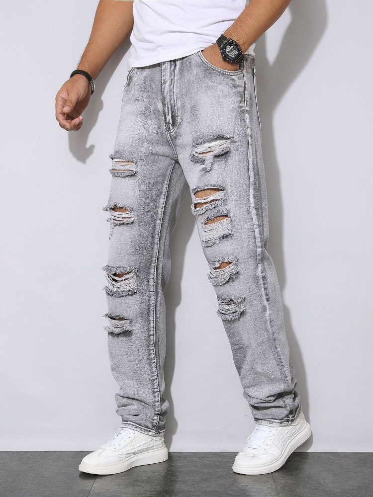 Men'S Fashion Grey Jeans - Мужские осенне-зимние потертые серые джинсовые брюки